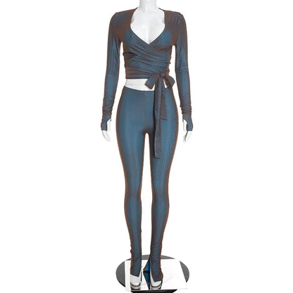 Women's V-neck Long Sleeve High Waist Wide Leg Two Piece Set - Additional View 10