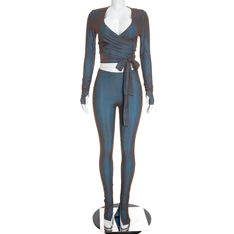 Women's V-neck Long Sleeve High Waist Wide Leg Two Piece Set - Additional View 10