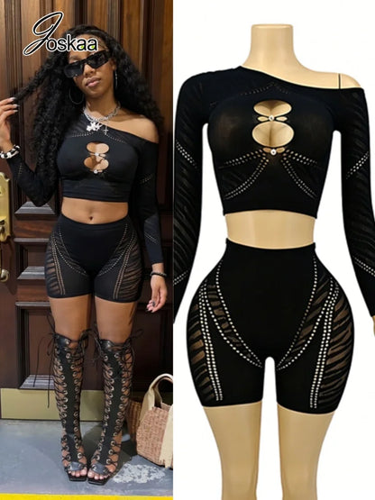 Women's Mesh Cutout Long Sleeve Two Piece Set – Women's Fashion Wholesale – Front View