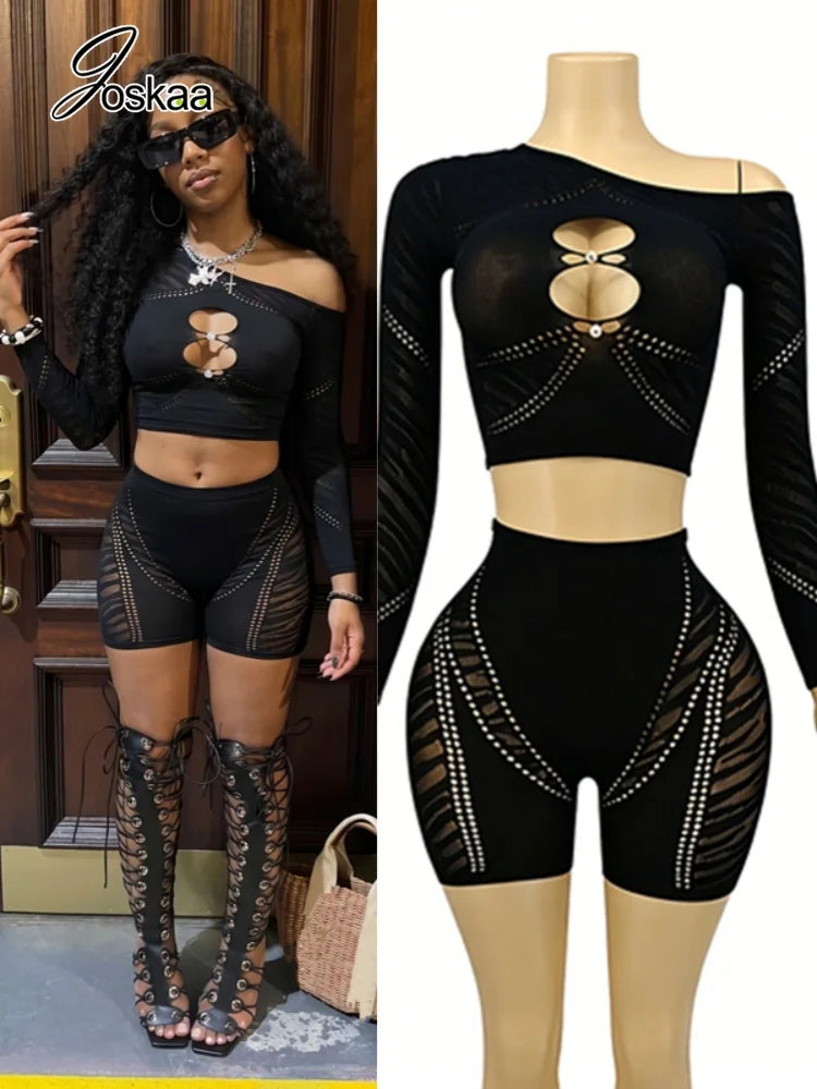 Women's Mesh Cutout Long Sleeve Two Piece Set – Women's Fashion Wholesale – Front View