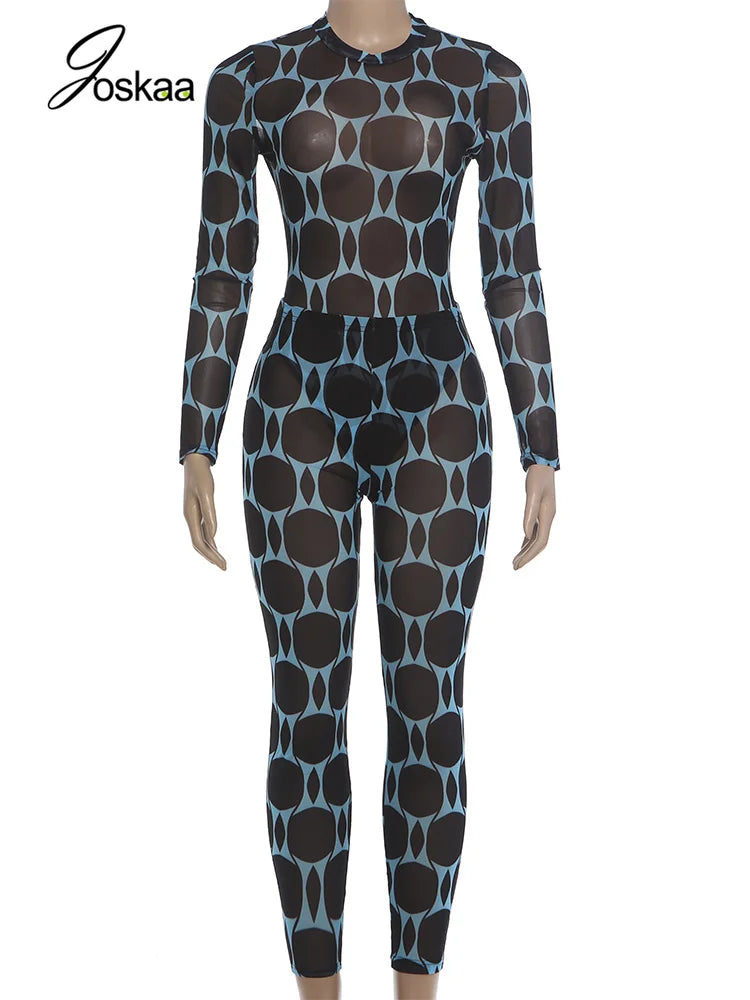 Women's Mesh Long Sleeve Bodycon High Waist Two Piece Set - Back View