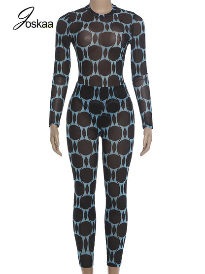 Women's Mesh Long Sleeve Bodycon High Waist Two Piece Set - Back View