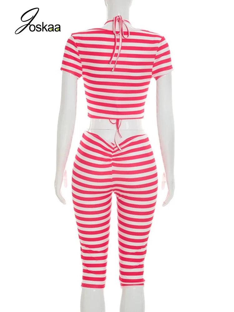 Women's Stripe Short Sleeve Crop Two Piece Set Pink – Detail View