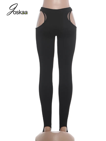 Women's Mesh Cutout Bodycon Pants Black Stirrup Leggings - Detail View 4