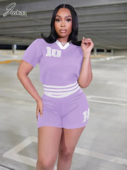 Women's Knit Short Sleeve Crop Two Piece Set Pink – Front View