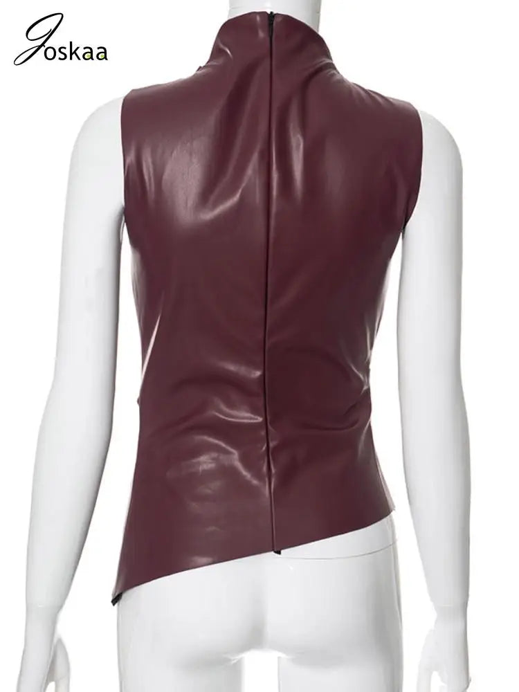 Women's Faux Leather Zip Stretch Vests Top Wine Red – Detail View