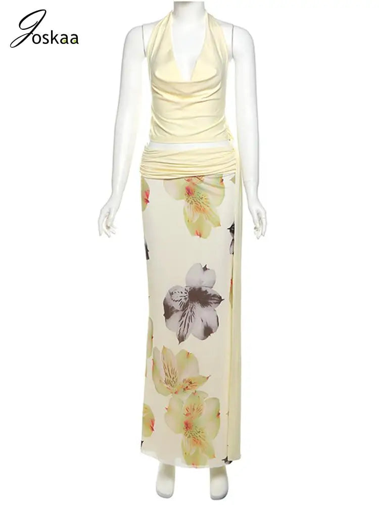 Women's Backless Halter Maxi Two Piece Set Apricot – Back View