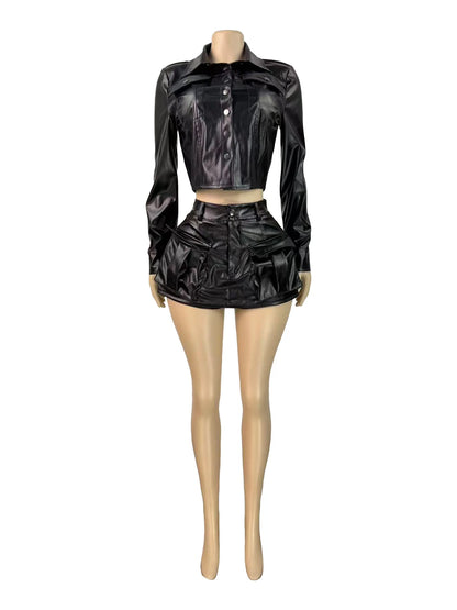 Joskaa Faux Leather Long Sleeve Two Piece Set - two piece set image 2
