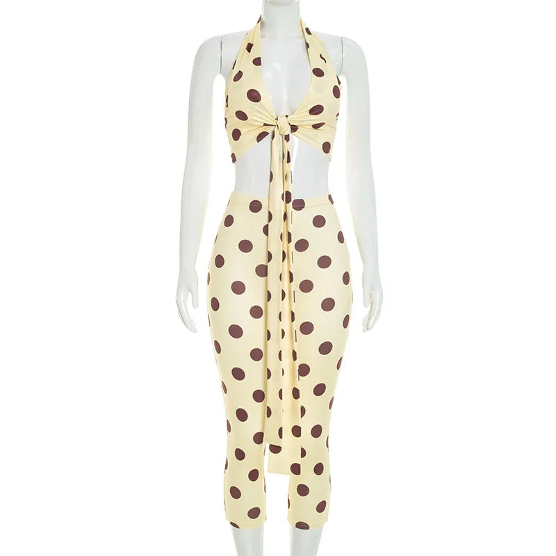 Women's Polka Dot V-neck Halter High Waist Two Piece Set - Detail View 8