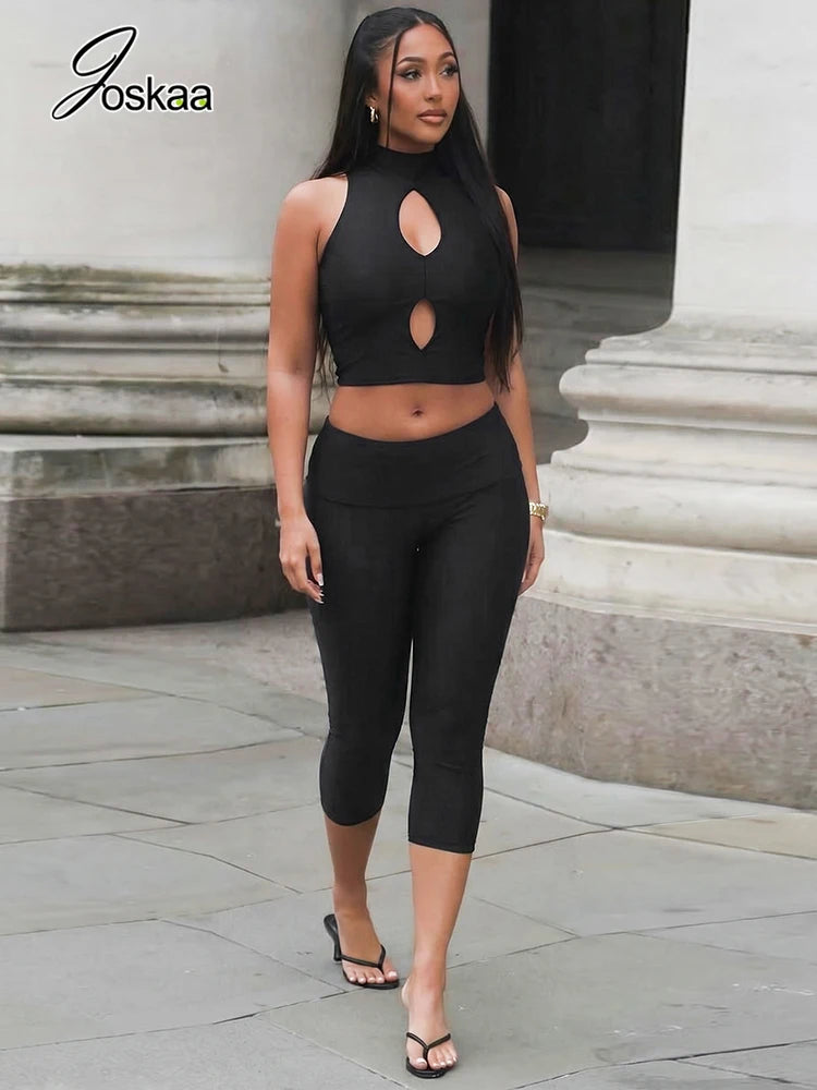 Women's Cutout Crop Solid Sporty Stand Two Piece Set Brown – Side View