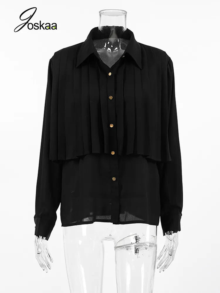 Women's Long Sleeve Pleated Fall Elegant Top Black – Back View