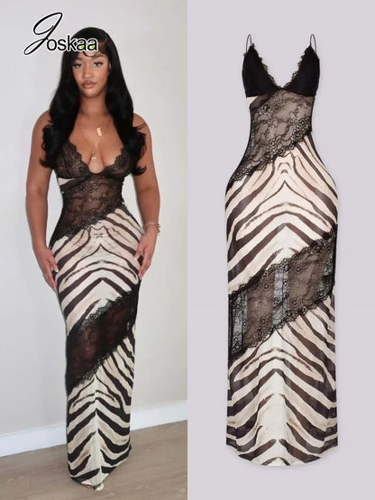Women's Mesh Lace V-neck Sleeveless Maxi Dress - Women's Fashion Wholesale - Front View