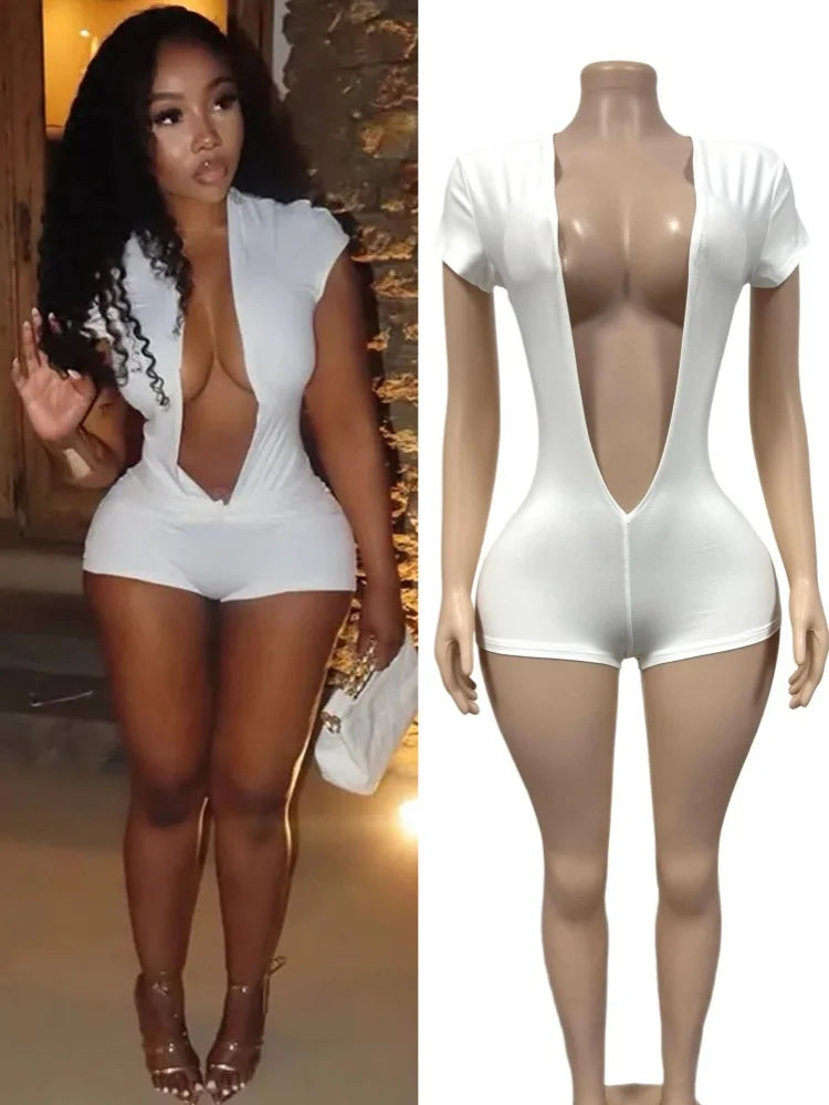 Women's Short Sleeve V-neck Bodycon Romper - Detail View 1