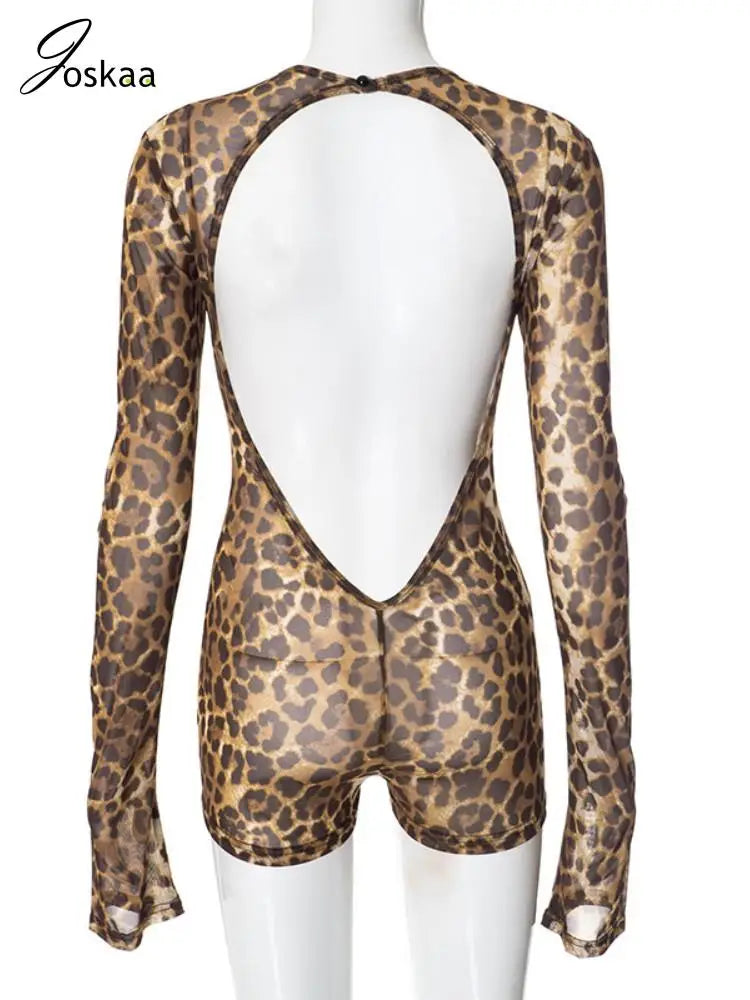 Women's Leopard Print Mesh Backless Romper Leopard Print – Detail View