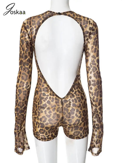 Women's Leopard Print Mesh Backless Romper Leopard Print – Detail View