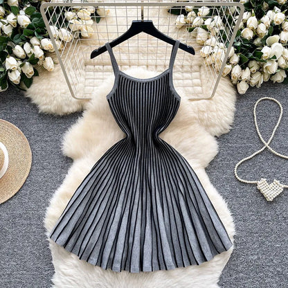 Women's Stripe Knit Sleeveless Ribbed Pleated Dress