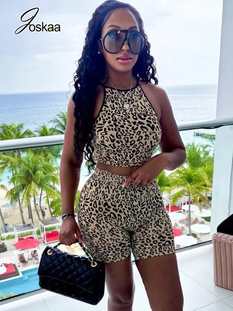 Women's Leopard Print Crop High Waist Two Piece Set Khaki – Front View