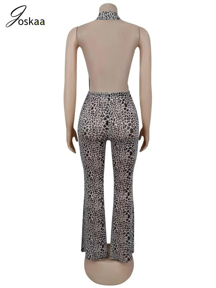 Women's Leopard Print Mesh Backless Romper Apricot – Detail View