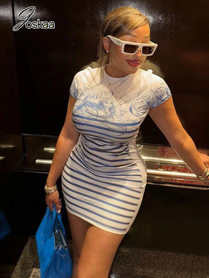 Women's Stripe Short Sleeve Bodycon Mini Dress White – Side View
