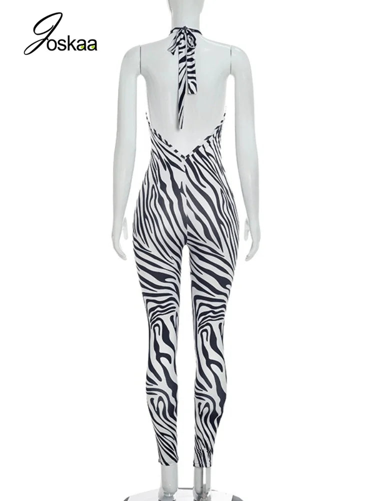 Women's Zebra Print Striped Backless Halter Romper - Detail View