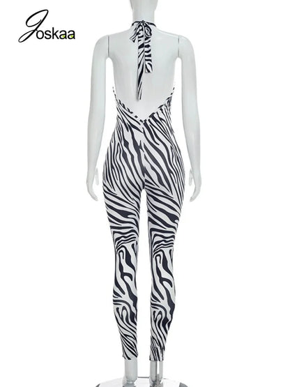 Women's Zebra Print Striped Backless Halter Romper - Detail View