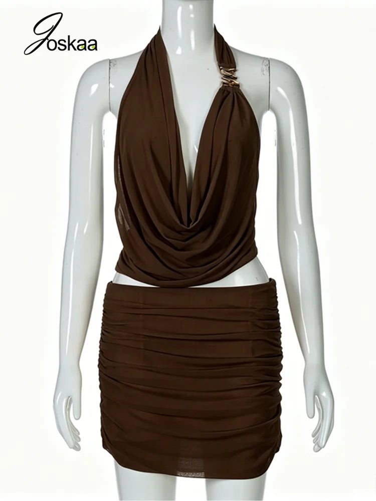 Women's Mesh Ruched Backless Two Piece Set Brown – Detail View