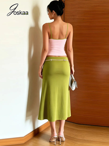 Women's Lace Backless Color Blocking Low-neck Two Piece Set Green – Side View