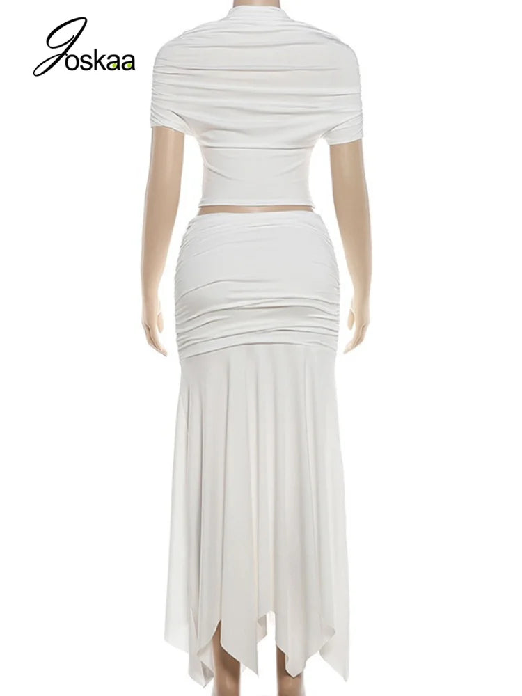 Women's Ruched Short Sleeve Crop Two Piece Set White – Detail View