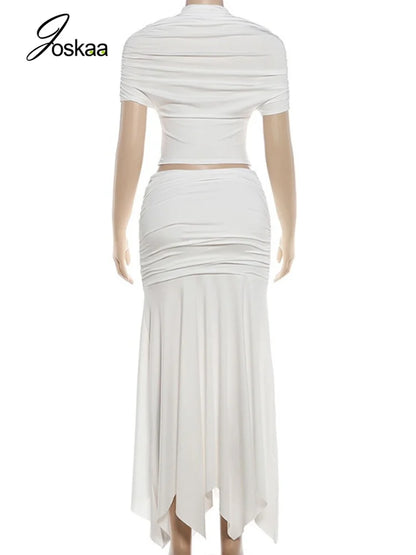 Women's Ruched Short Sleeve Crop Two Piece Set White – Detail View