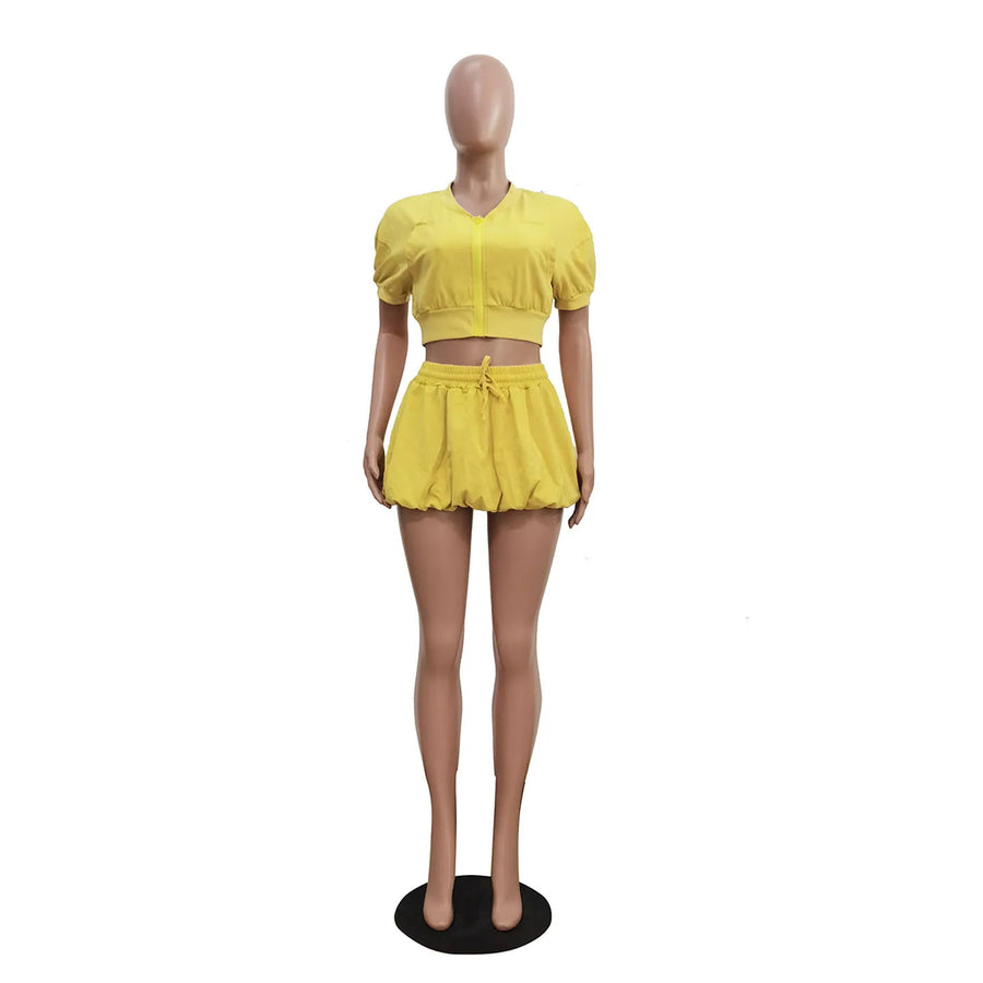 Women's Short Sleeve Crop Zip Two Piece Set