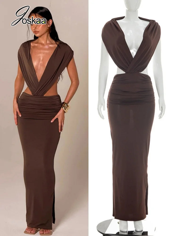 Women's Ruched Backless V-neck Bodycon Maxi Dress - Women's Fashion Wholesale - Front View