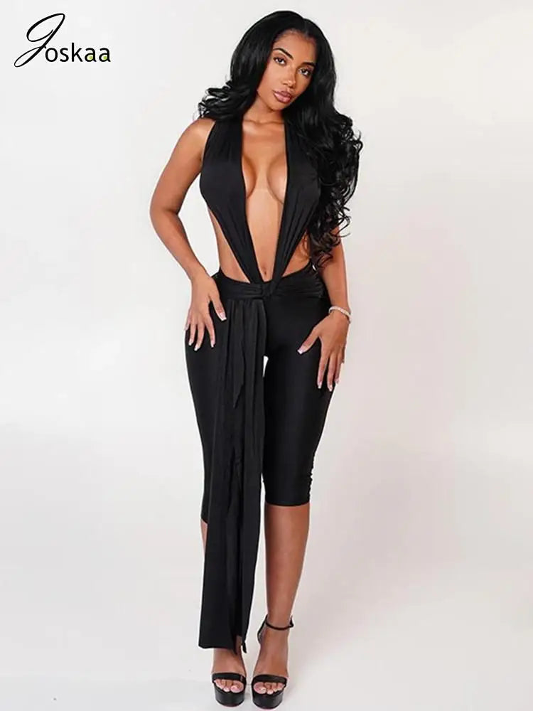 Women's Backless Halter Sleeveless Romper Light Pink – Front View
