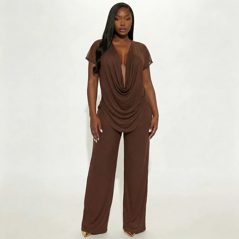 Women's Mesh Flare Deep V-neck Two Piece Set
