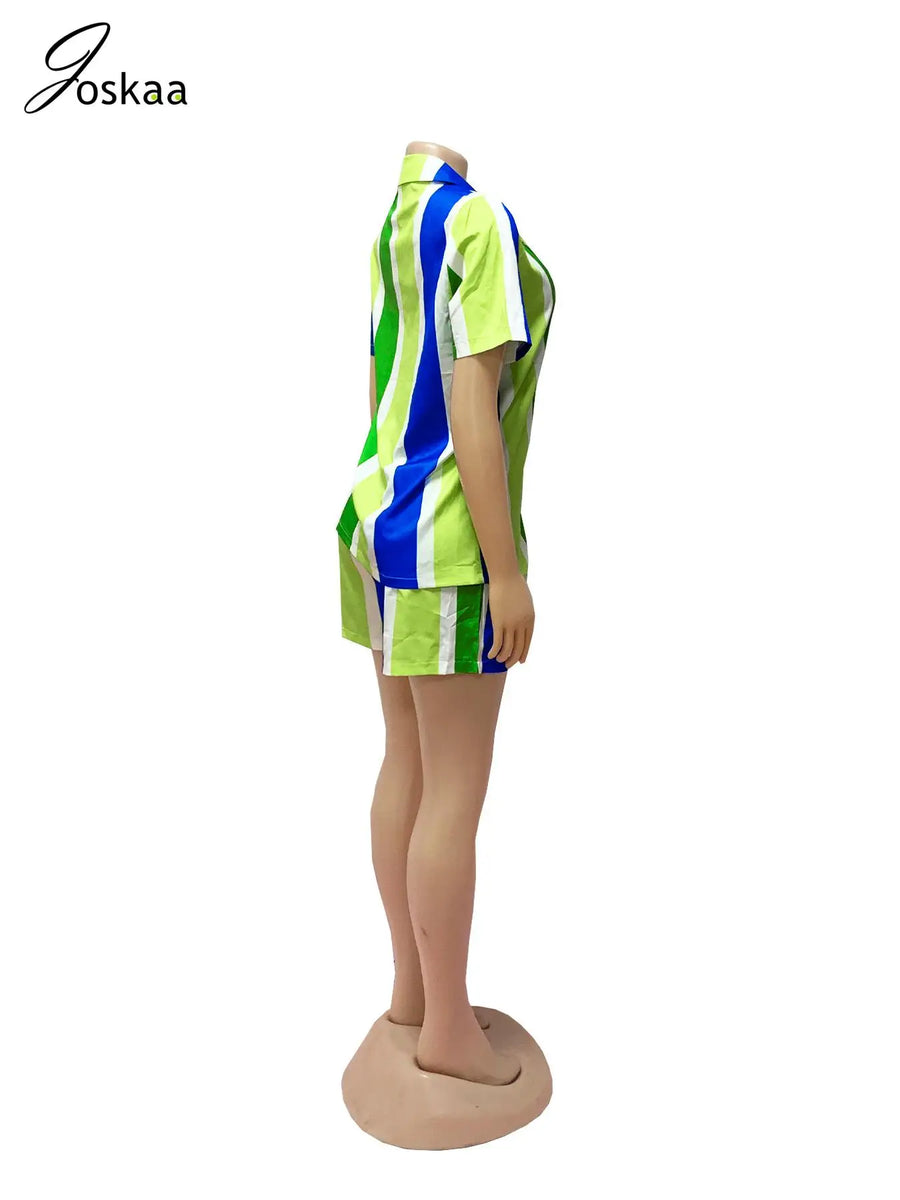 Women's Stripe Short Sleeve Two Piece Bikini Set Green – Side View
