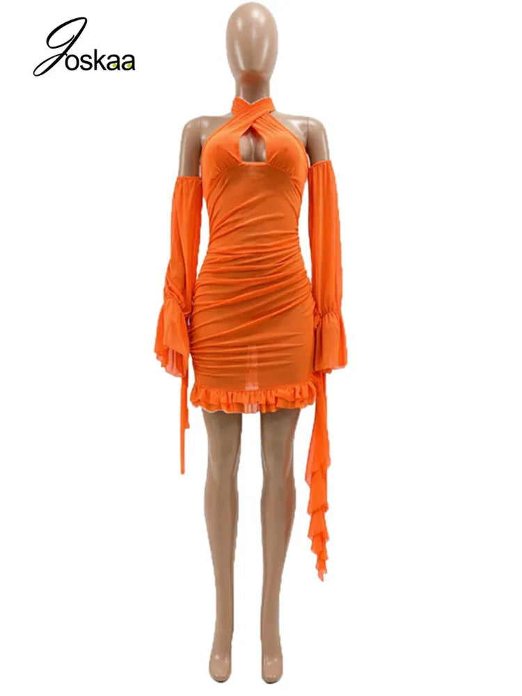 Women's Mesh Backless Halter Long Sleeve Mini Dress Orange – Detail View