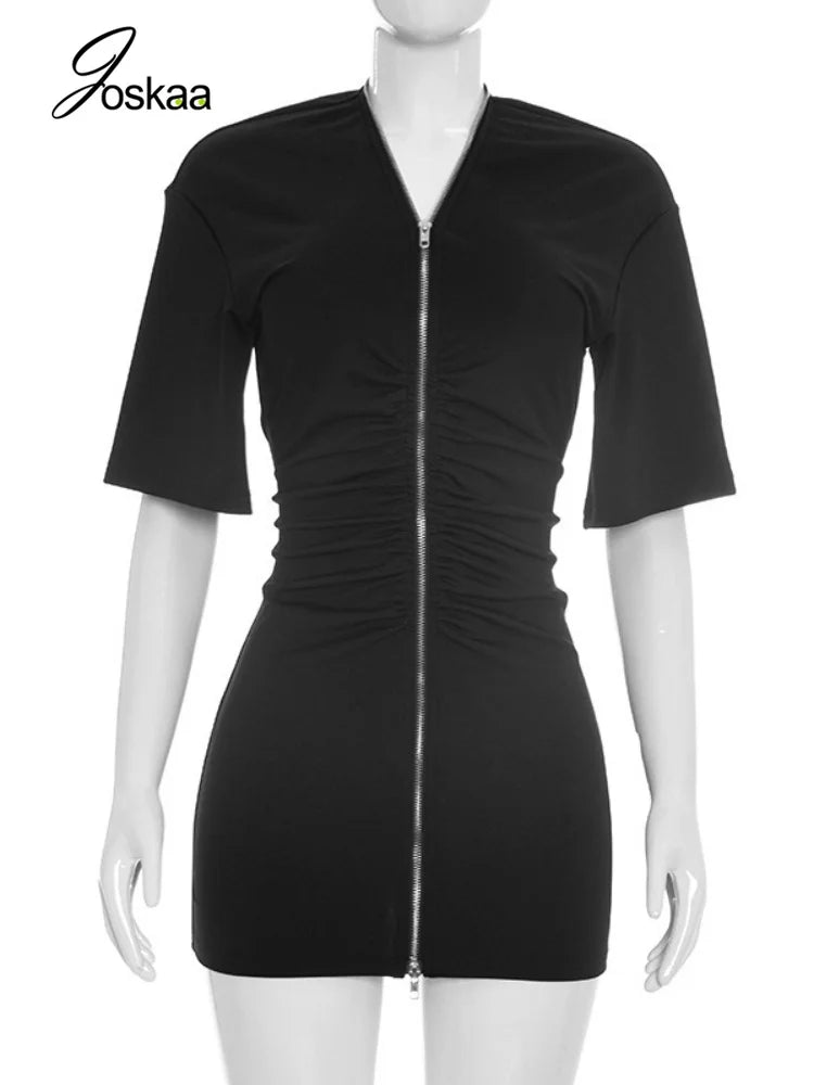 Women's Ruched Short Sleeve Bodycon Mini Dress Black – Back View