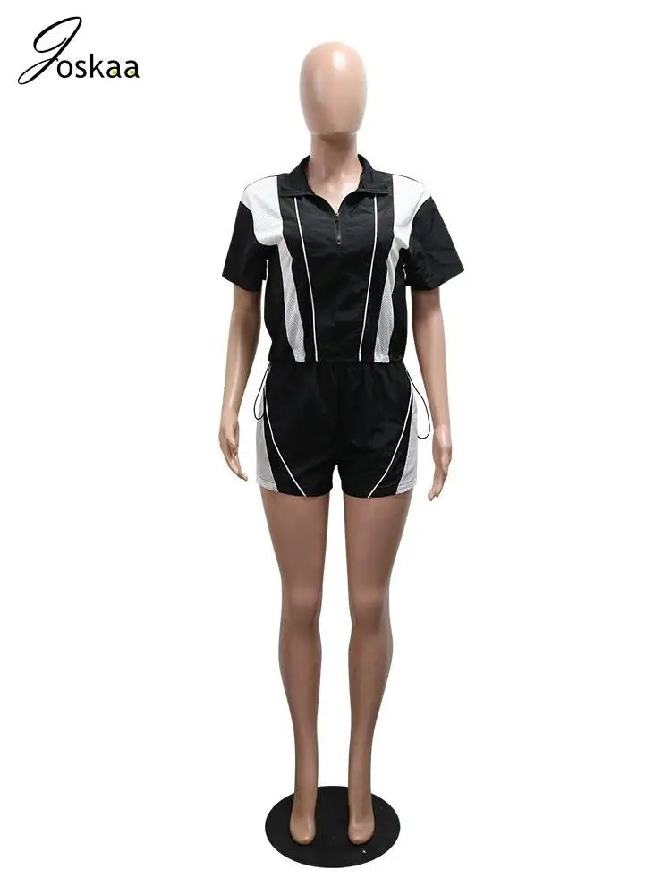 Women's Short Sleeve Sporty Patchwork Top Two Piece Set Black – Back View