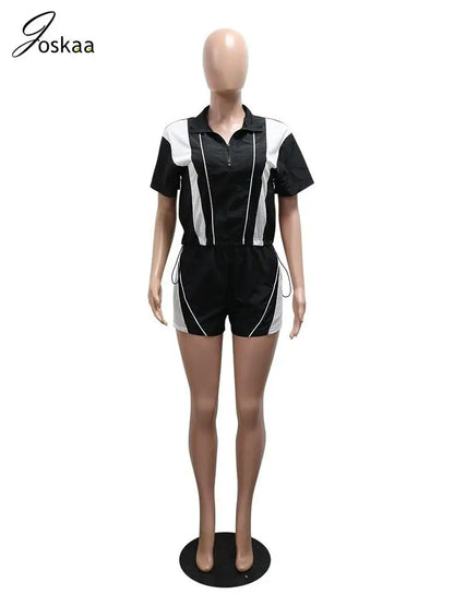 Women's Short Sleeve Sporty Patchwork Top Two Piece Set Black – Back View