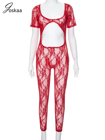 Women's Lace Backless Cutout Short Sleeve Romper Red – Back View