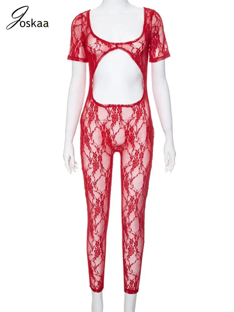 Women's Lace Backless Cutout Short Sleeve Romper Red – Back View