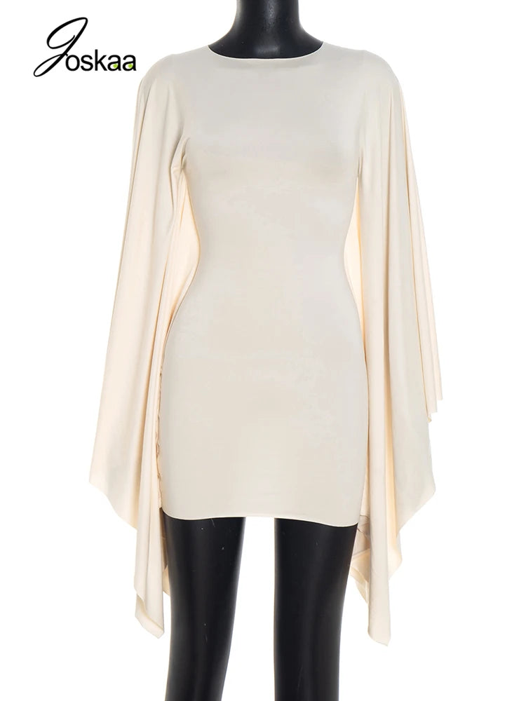 Women's Ruched Bodycon Bat Sleeve Trend Mini Dress Apricot – Back View