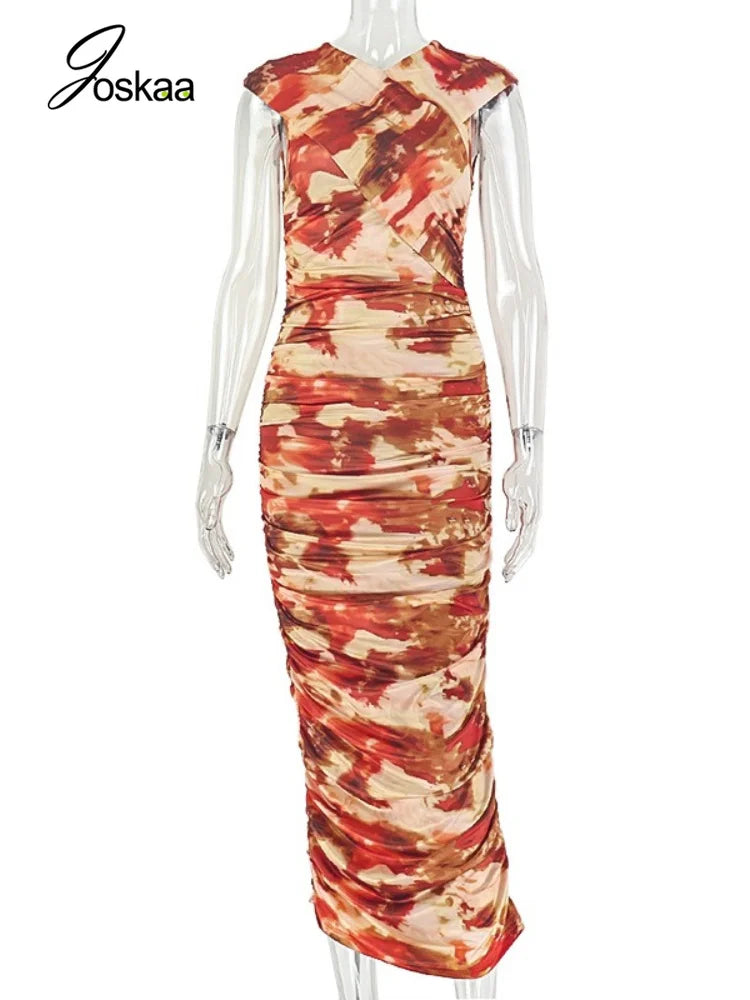 Women's Sleeveless Pleated Bodycon Dress Red Yellow – Back View