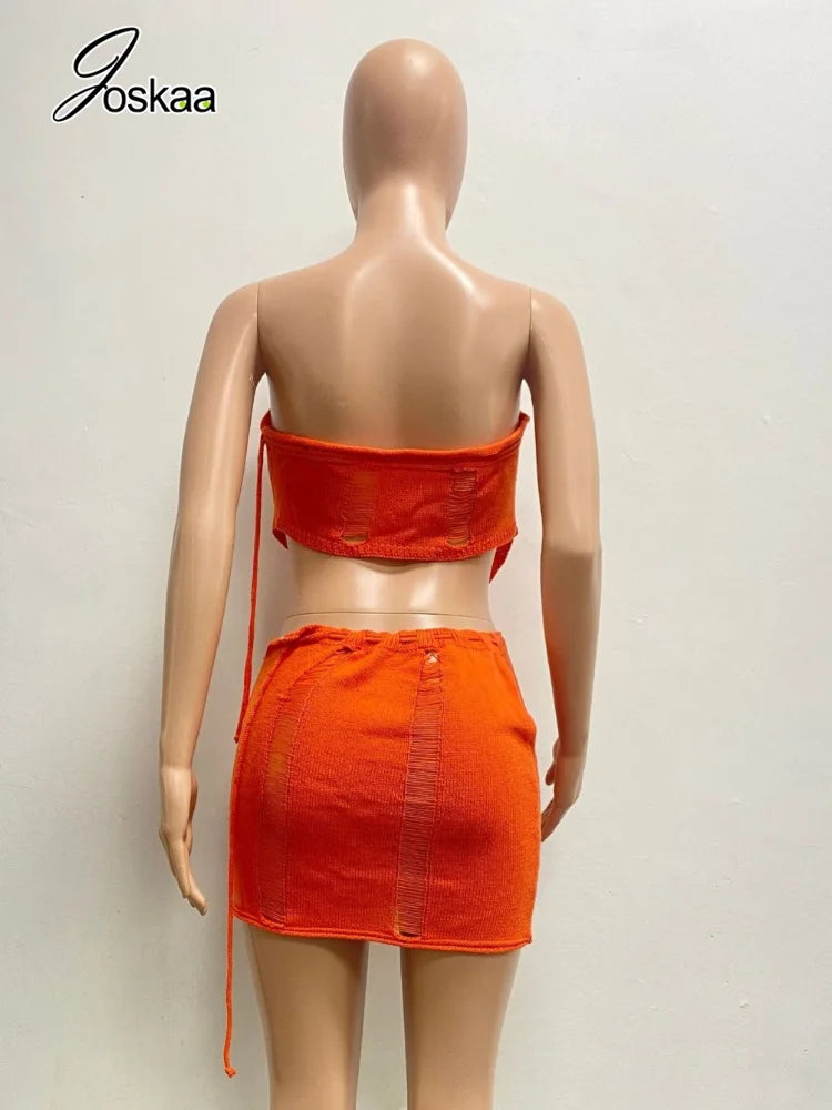 Women's Ribbed Knit Strapless One Shoulder Two Piece Set - Model Wearing Style