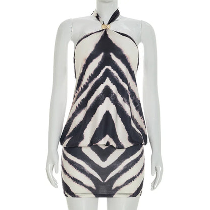 Women's Zebra Print Striped Halter Sleeveless Mini Dress - Additional View 9
