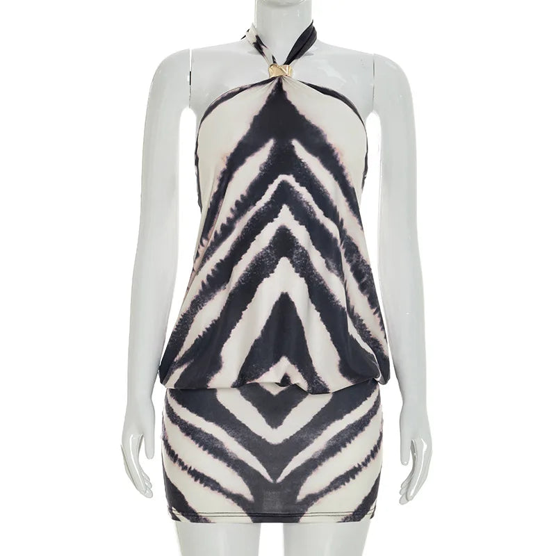 Women's Zebra Print Striped Halter Sleeveless Mini Dress - Additional View 9
