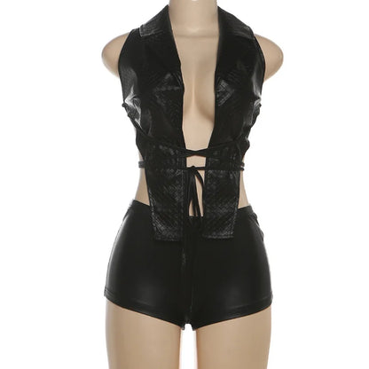 Joskaa Faux Leather Backless Halter Two Piece Set - two piece set image 5