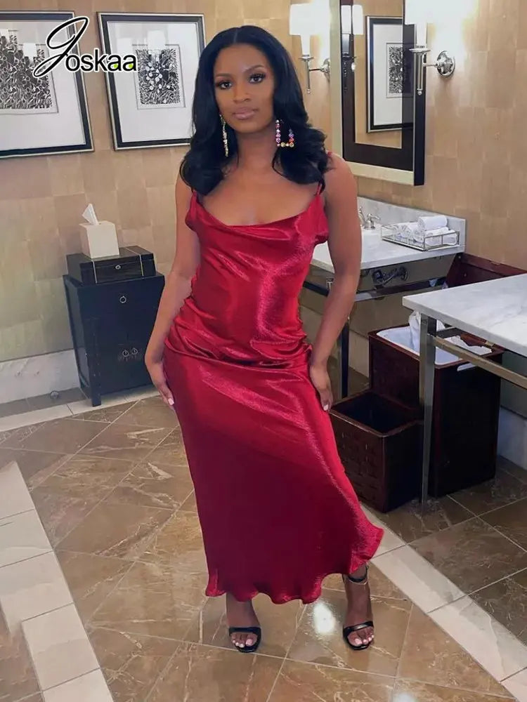 Women's Satin Backless Solid Spaghetti Strap Maxi Dress 350850 – Front View