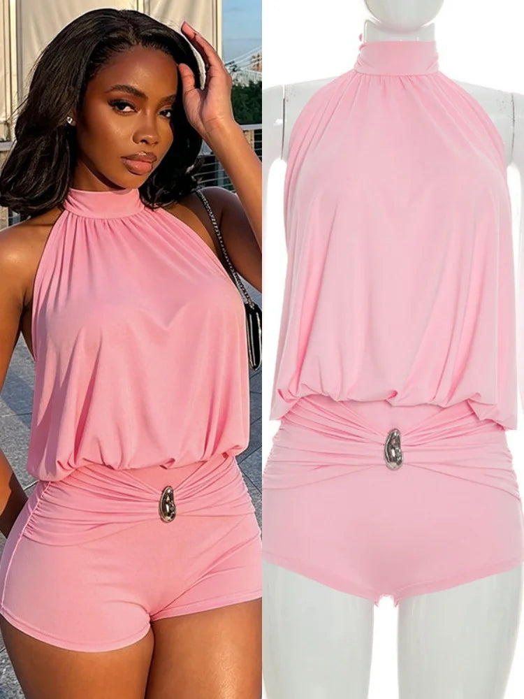 Women's Lace Ruched Backless Halter Romper - Additional View 8