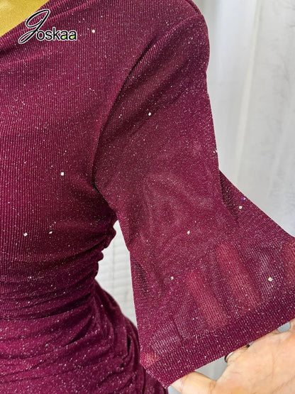 Women's Mesh Sequin Ruched V-neck Bodycon Dress - Detail View