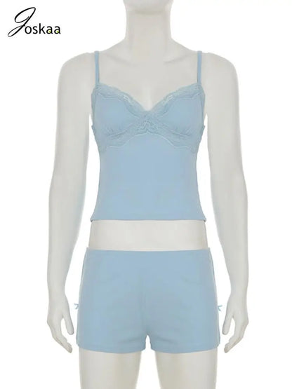 Women's Lace Crop Comfortable Patchwork Camisole Two Piece Set Blue – Back View